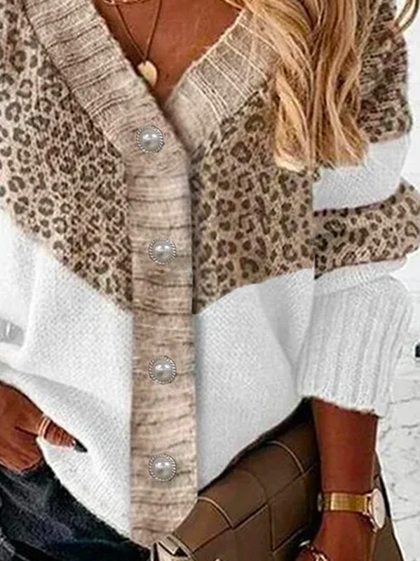 Suéter feminino solto decote V misto de algodão com estampa de leopardo