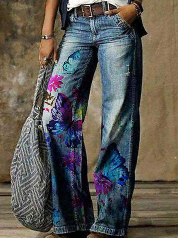 Calça jeans feminina casual solta com estampa de borboleta