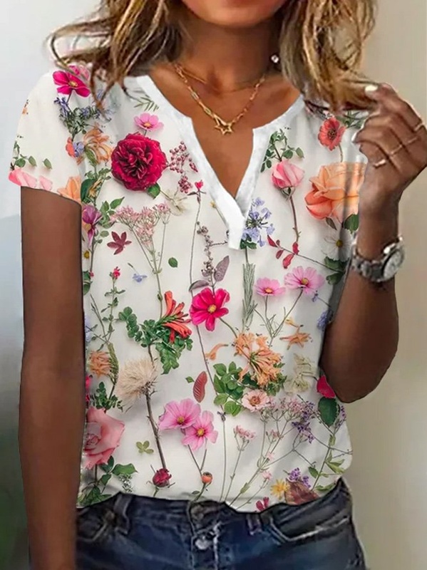 Camisa feminina casual solta decote V com estampa floral