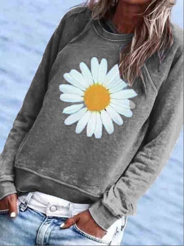 Moletom feminino casual com capuz e gola careca, estampa floral