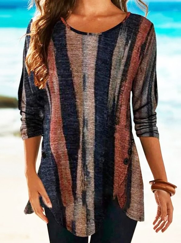 Blusa túnica feminina casual marrom manga longa com estampa listrada