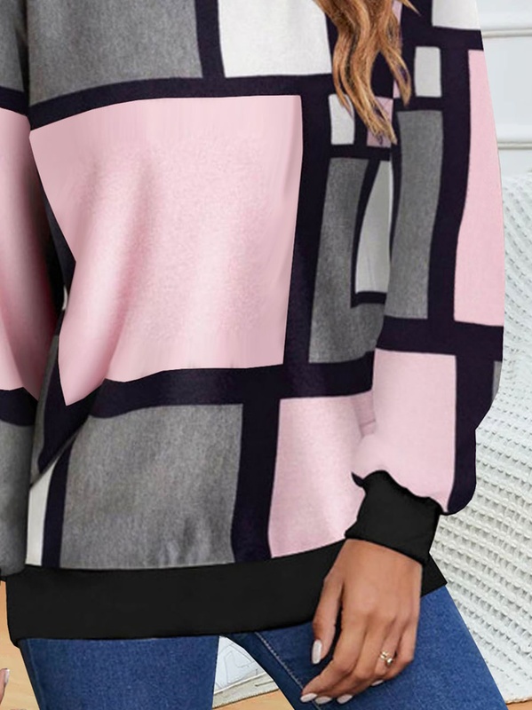 Moletom feminino casual solto gola careca com estampa geométrica