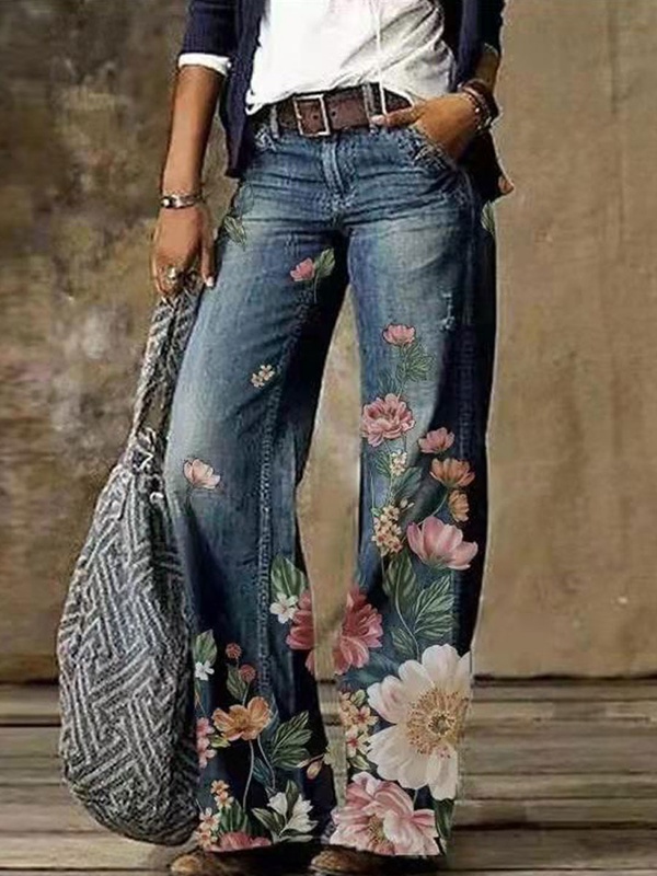 Calça jeans feminina wide leg reta casual vintage com estampa floral